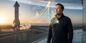 Elon Musk observa holograma de IPO de SpaceX frente a cohete Starship.