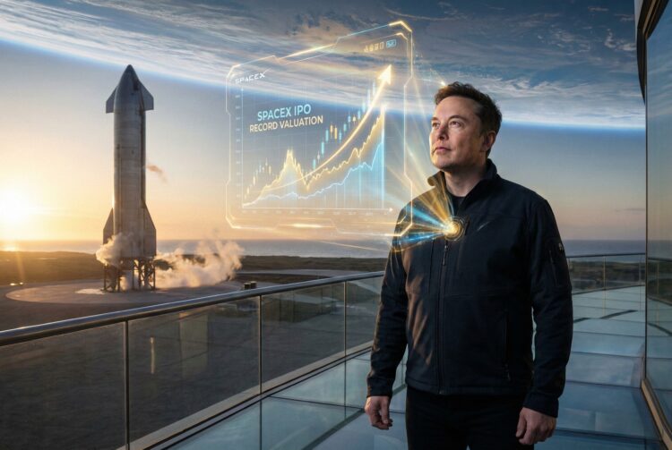 Elon Musk observa holograma de IPO de SpaceX frente a cohete Starship.