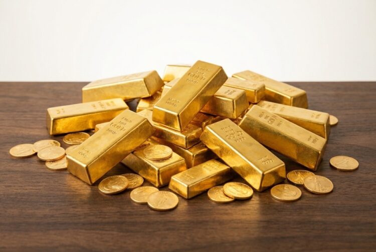 Primer plano lingotes y monedas oro precio máximo histórico.