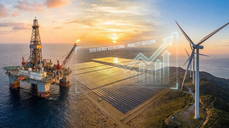 Inversión en energía 2026 con plataforma petrolera paneles solares y campo eólico