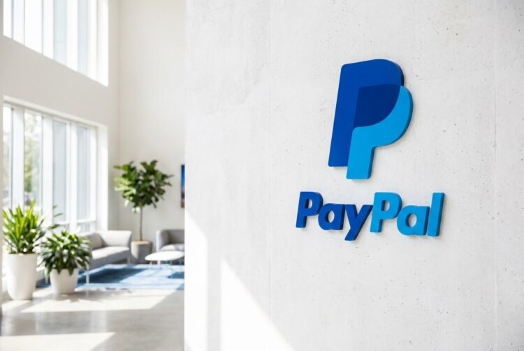 Logo de PayPal en oficinas modernas y luminosas, solicitud de licencia bancaria para pymes.