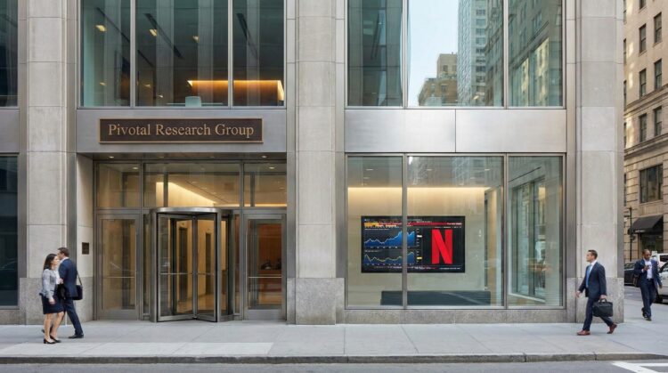 Fachada a nivel de calle de las oficinas de Pivotal Research Group. Un letrero de bronce sobre la entrada dice "Pivotal Research Group". Una pantalla en la ventana adyacente muestra gráficos financieros y el logotipo rojo "N" de Netflix. Peatones con trajes de negocios caminan por la acera frente al edificio de piedra y vidrio.