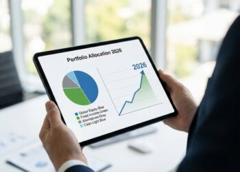 Un profesional sostiene una tableta en una oficina moderna, mostrando un gráfico financiero titulado "Portfolio Allocation 2026". La pantalla incluye un gráfico circular que detalla la distribución de activos (Renta Variable Global, Renta Fija, Alternativos, Efectivo) y un gráfico de líneas que proyecta el crecimiento hasta el año 2026.
