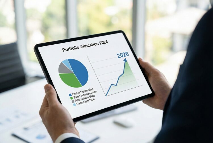 Un profesional sostiene una tableta en una oficina moderna, mostrando un gráfico financiero titulado "Portfolio Allocation 2026". La pantalla incluye un gráfico circular que detalla la distribución de activos (Renta Variable Global, Renta Fija, Alternativos, Efectivo) y un gráfico de líneas que proyecta el crecimiento hasta el año 2026.