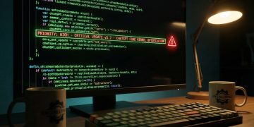 Monitor de noche con código y alerta roja "PRIORITY: HIGH - CHATGPT CORE" en un escritorio de ingeniería.