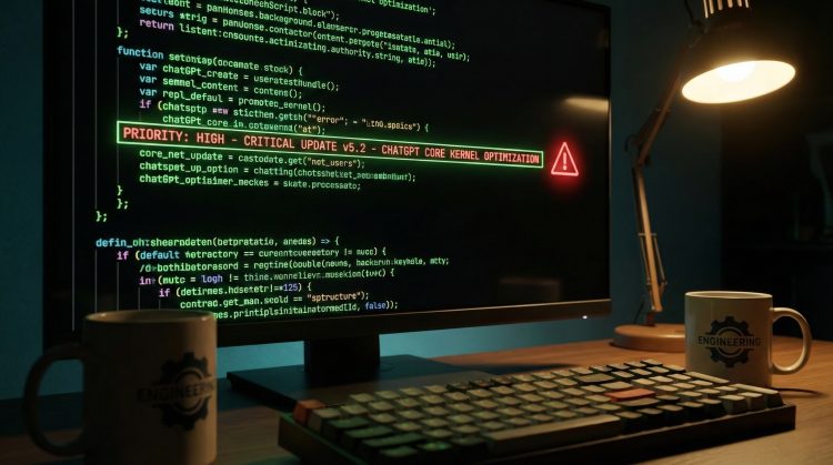 Monitor de noche con código y alerta roja "PRIORITY: HIGH - CHATGPT CORE" en un escritorio de ingeniería.