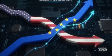 Una visualización de datos en 3D sobre un fondo de circuito electrónico muestra dos flechas de tendencia que se cruzan. Una flecha con el patrón de la bandera de Estados Unidos apunta hacia abajo, mientras que una flecha con el patrón de la bandera de la Unión Europea apunta hacia arriba y la cruza, indicando un cambio de tendencia favorable para la UE. El texto "2026 FORECAST" aparece en la parte superior.