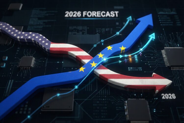 Una visualización de datos en 3D sobre un fondo de circuito electrónico muestra dos flechas de tendencia que se cruzan. Una flecha con el patrón de la bandera de Estados Unidos apunta hacia abajo, mientras que una flecha con el patrón de la bandera de la Unión Europea apunta hacia arriba y la cruza, indicando un cambio de tendencia favorable para la UE. El texto "2026 FORECAST" aparece en la parte superior.