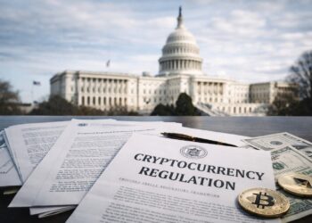 Documentos de regulación cripto en EE. UU. frente al Capitolio y billetes de dólar