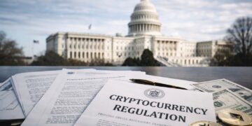 Documentos de regulación cripto en EE. UU. frente al Capitolio y billetes de dólar