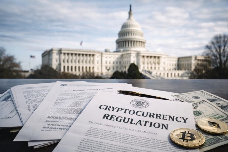 Documentos de regulación cripto en EE. UU. frente al Capitolio y billetes de dólar