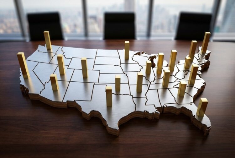 Escultura mapa 3D EE.UU. con barras doradas de crecimiento económico en mesa de conferencias.