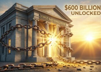 Ilustración conceptual que muestra la fachada de un edificio de estilo neoclásico con el letrero "FIRST NATIONAL BANK". El edificio está envuelto en gruesas cadenas oxidadas que se están rompiendo violentamente por un estallido de luz dorada intensa proveniente de la entrada principal. En la parte superior derecha, el texto "$600 BILLION UNLOCKED" aparece en letras doradas sobre un fondo de atardecer.