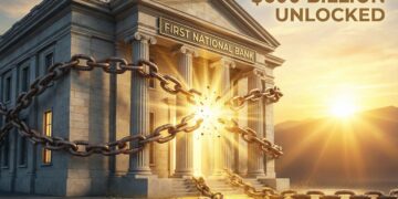 Ilustración conceptual que muestra la fachada de un edificio de estilo neoclásico con el letrero "FIRST NATIONAL BANK". El edificio está envuelto en gruesas cadenas oxidadas que se están rompiendo violentamente por un estallido de luz dorada intensa proveniente de la entrada principal. En la parte superior derecha, el texto "$600 BILLION UNLOCKED" aparece en letras doradas sobre un fondo de atardecer.