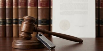 Mazo legal y hardware wallet Ledger en escritorio, representando la guía de custodia de la SEC.