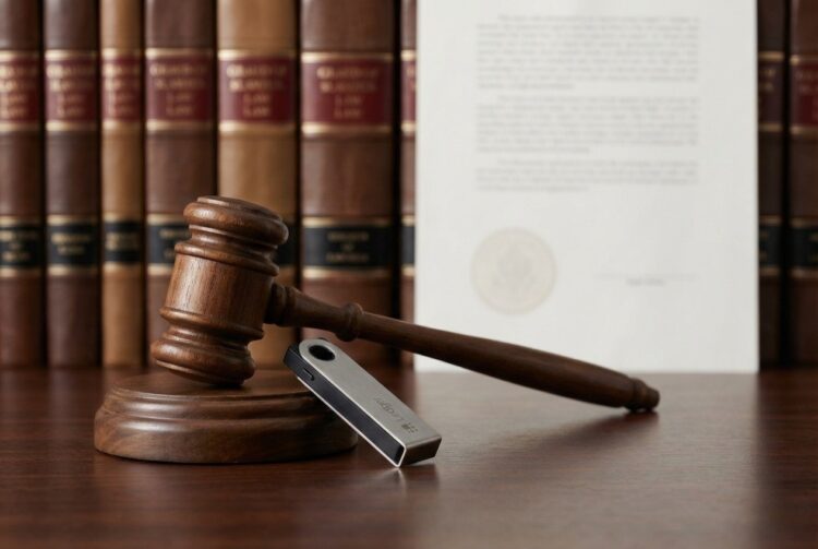 Mazo legal y hardware wallet Ledger en escritorio, representando la guía de custodia de la SEC.