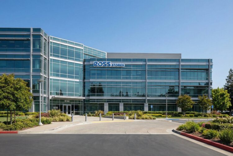 Fotografía exterior en un día soleado del moderno edificio de oficinas de Ross Stores. La fachada, construida principalmente de vidrio y paneles grises, muestra el logotipo azul "ROSS STORES" en la parte superior izquierda. La entrada principal, con el número 5130 visible, está rodeada de jardines bien cuidados, arbustos verdes y árboles bajo un cielo azul despejado. Una rotonda pavimentada conduce a la entrada del edificio.
