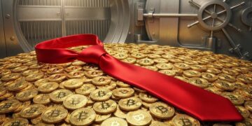 Tesorería de Bitcoin físicas en bóveda con corbata roja icónica sobre el oro.