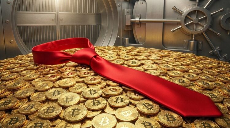 Tesorería de Bitcoin físicas en bóveda con corbata roja icónica sobre el oro.