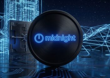 Moneda física token Midnight (NIGHT) con logo azul neón en entorno de bóveda digital de datos.