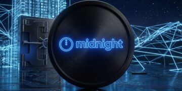 Moneda física token Midnight (NIGHT) con logo azul neón en entorno de bóveda digital de datos.
