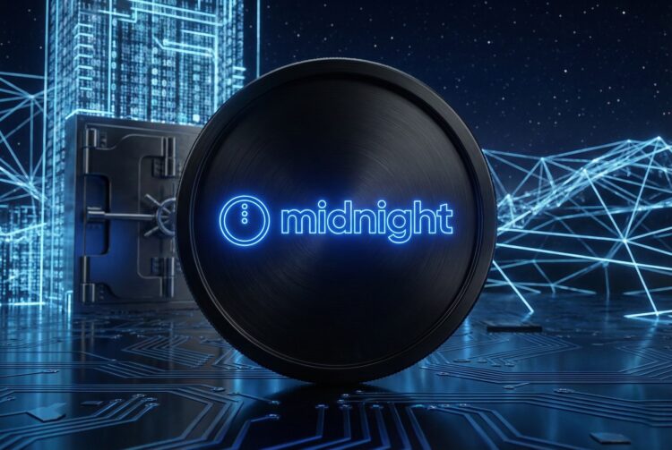 Moneda física token Midnight (NIGHT) con logo azul neón en entorno de bóveda digital de datos.