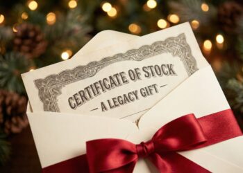 Fotografía de primer plano que muestra un certificado de acciones de estilo vintage con bordes grabados y el texto "CERTIFICATE OF STOCK - A LEGACY GIFT", emergiendo de un sobre de regalo color crema atado con un elegante lazo de cinta de satén roja. El fondo es un desenfoque cálido (bokeh) de luces navideñas doradas, ramas de pino y piñas, sugiriendo un regalo de valor duradero.
