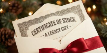 Fotografía de primer plano que muestra un certificado de acciones de estilo vintage con bordes grabados y el texto "CERTIFICATE OF STOCK - A LEGACY GIFT", emergiendo de un sobre de regalo color crema atado con un elegante lazo de cinta de satén roja. El fondo es un desenfoque cálido (bokeh) de luces navideñas doradas, ramas de pino y piñas, sugiriendo un regalo de valor duradero.