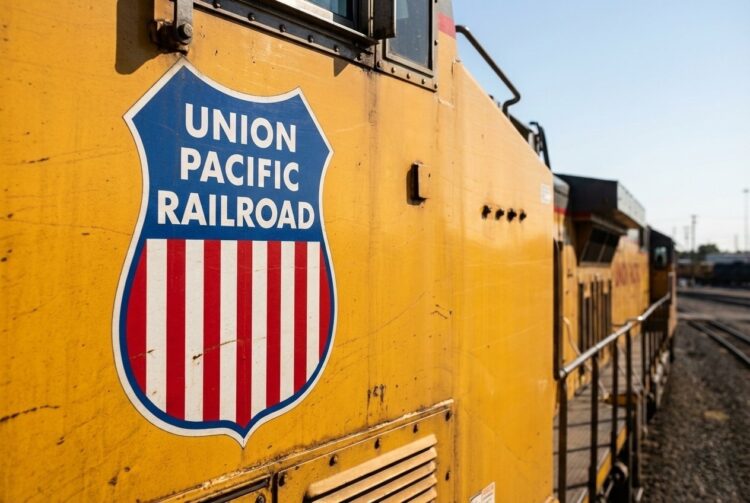 Logo Union Pacific en locomotora amarilla, proyección de ganancias 2026.