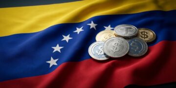 Monedas stablecoins USDT y USDC sobre bandera de Venezuela, refugio ante inestabilidad.
