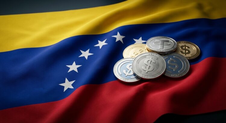 Monedas stablecoins USDT y USDC sobre bandera de Venezuela, refugio ante inestabilidad.