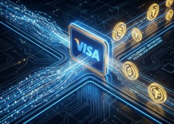 Ilustración digital abstracta de una red de pagos financieros de alta velocidad. Flujos de datos luminosos de color azul eléctrico viajan a través de rieles digitales hacia una puerta de enlace central brillante con el logotipo de Visa. Al cruzar el umbral, los flujos se transforman en monedas digitales doradas y plateadas con los símbolos de stablecoins (USDC y USDT), visualizando la conversión y liquidación instantánea de activos sobre un fondo tecnológico oscuro.