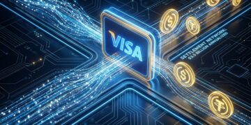 Ilustración digital abstracta de una red de pagos financieros de alta velocidad. Flujos de datos luminosos de color azul eléctrico viajan a través de rieles digitales hacia una puerta de enlace central brillante con el logotipo de Visa. Al cruzar el umbral, los flujos se transforman en monedas digitales doradas y plateadas con los símbolos de stablecoins (USDC y USDT), visualizando la conversión y liquidación instantánea de activos sobre un fondo tecnológico oscuro.
