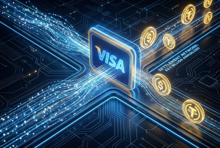 Ilustración digital abstracta de una red de pagos financieros de alta velocidad. Flujos de datos luminosos de color azul eléctrico viajan a través de rieles digitales hacia una puerta de enlace central brillante con el logotipo de Visa. Al cruzar el umbral, los flujos se transforman en monedas digitales doradas y plateadas con los símbolos de stablecoins (USDC y USDT), visualizando la conversión y liquidación instantánea de activos sobre un fondo tecnológico oscuro.