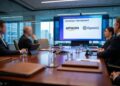 Vista interior de una sala de conferencias ejecutiva moderna donde una pantalla de presentación al fondo muestra claramente los logotipos de Amazon y OpenAI bajo el texto Strategic Partnership. En primer plano una mesa de madera desenfocada con documentos y vasos sugiere una reunión de alto perfil en curso sobre tecnología e inversión.