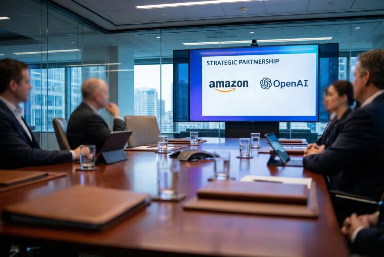 Vista interior de una sala de conferencias ejecutiva moderna donde una pantalla de presentación al fondo muestra claramente los logotipos de Amazon y OpenAI bajo el texto Strategic Partnership. En primer plano una mesa de madera desenfocada con documentos y vasos sugiere una reunión de alto perfil en curso sobre tecnología e inversión.