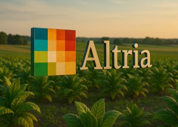 Logo de Altria integrado en un campo de tabaco iluminado por luz cálida al atardecer.