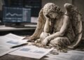Ángel de piedra deteriorado sobre reportes financieros de tecnológicas castigadas