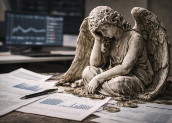Ángel de piedra deteriorado sobre reportes financieros de tecnológicas castigadas