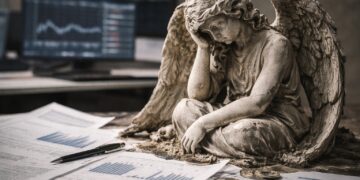 Ángel de piedra deteriorado sobre reportes financieros de tecnológicas castigadas