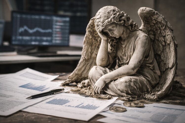 Ángel de piedra deteriorado sobre reportes financieros de tecnológicas castigadas