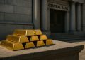 Lingotes de oro apilados frente a un edificio institucional que sugiere bancos centrales.