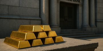 Lingotes de oro apilados frente a un edificio institucional que sugiere bancos centrales.
