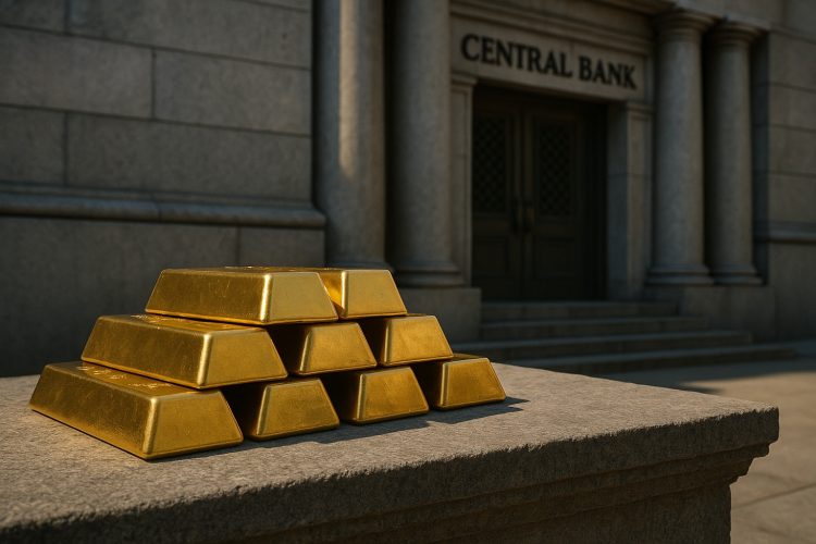 Lingotes de oro apilados frente a un edificio institucional que sugiere bancos centrales.
