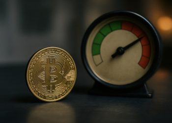 Símbolo metálico de Bitcoin junto a un medidor analógico con la aguja en miedo extremo.