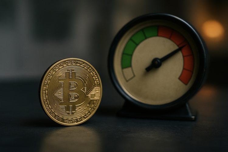 Símbolo metálico de Bitcoin junto a un medidor analógico con la aguja en miedo extremo.