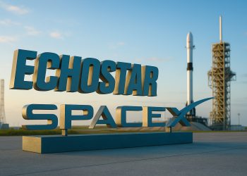 Logos de EchoStar y Space X en gran formato frente a una plataforma de lanzamiento iluminada.