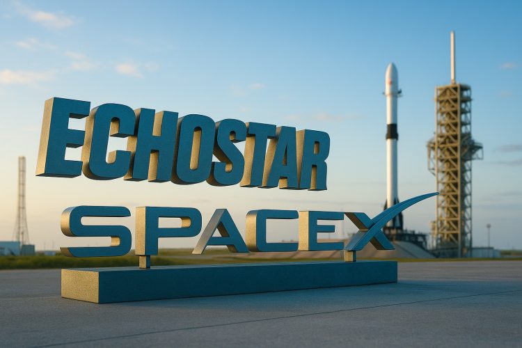 Logos de EchoStar y Space X en gran formato frente a una plataforma de lanzamiento iluminada.
