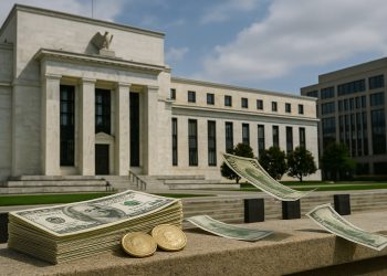 Fachada de la Fed con billetes de dólar extendidos hacia edificios bancarios del fondo.