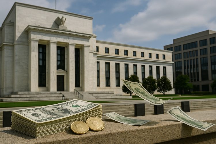 Fachada de la Fed con billetes de dólar extendidos hacia edificios bancarios del fondo.